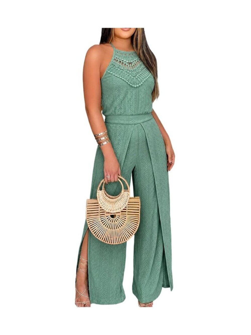 Women's Eyelet Halter Jumpsuit High Waist Wide Leg Outfit
